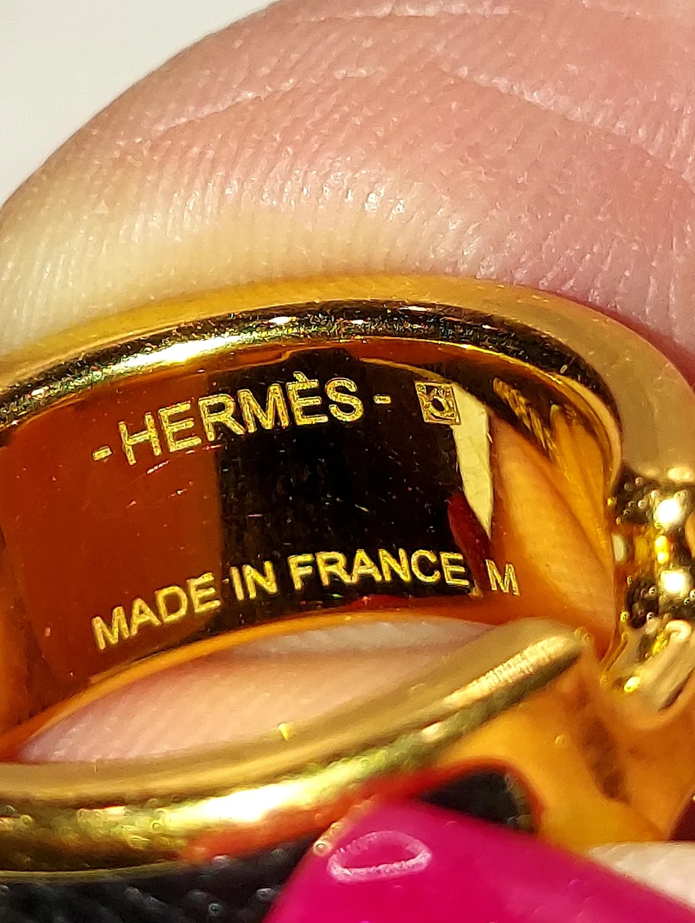 HERMES OLYMPE RING Gold Tone With Black Leather Sz M 6.75/7.25